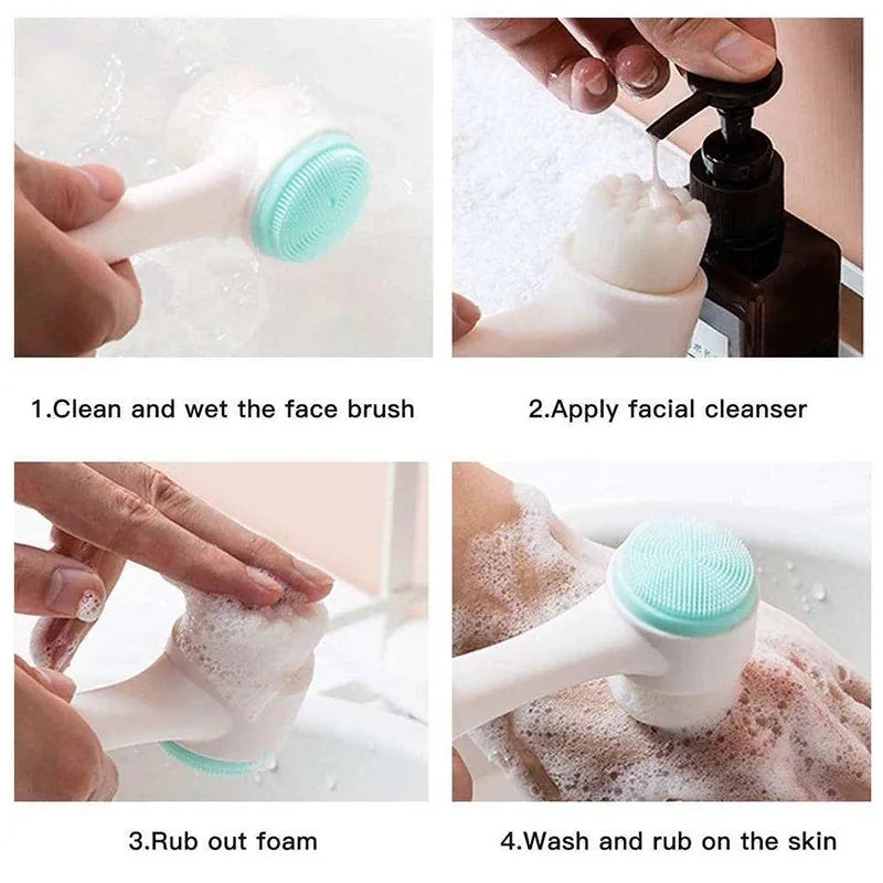 3D Dual-Sided Silicone Facial Cleansing Brush with Gentle Bristles for Exfoliation and Manual Massage